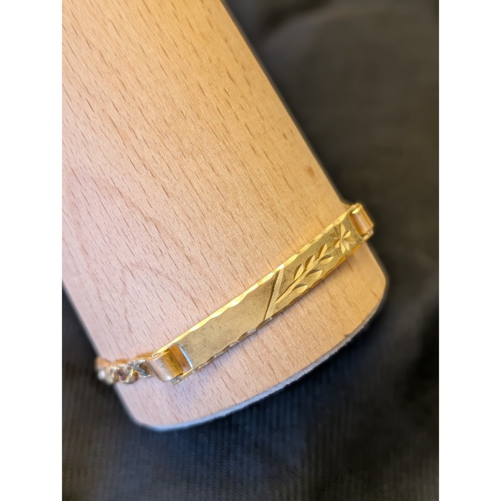 Vintage 14k Stamped Etched Bracelet Rose & Silver Toned Bar & Chain Mixed Metals